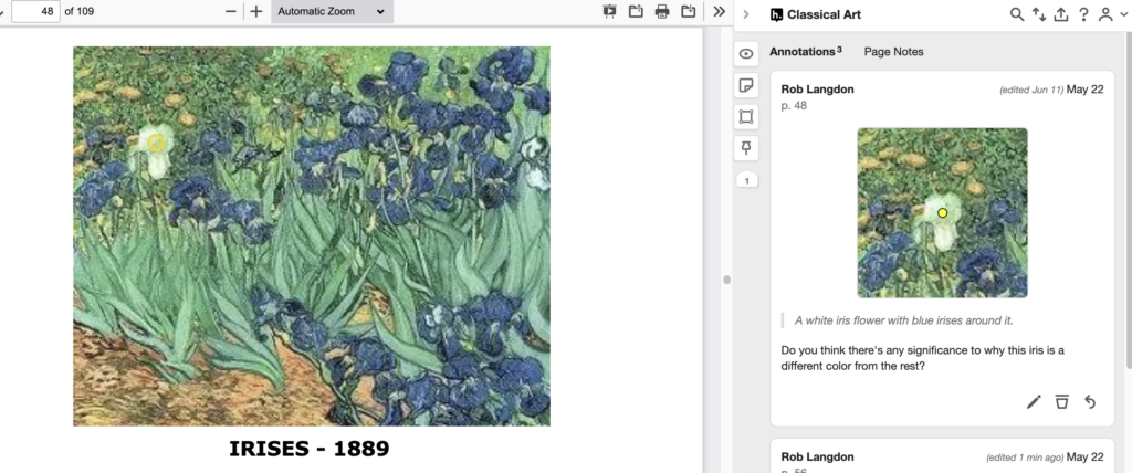 It shows the annotation card in the Hypothesis sidebar displaying a preview of the point selected using the pin annotation button and the area around it along with a saved annotation.